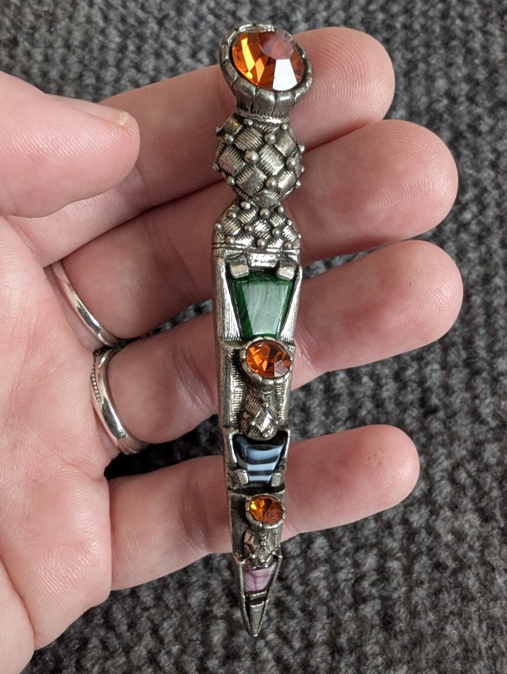 Vintage Miracle Britian Silver Amber Jade Stone Celtic Brooch